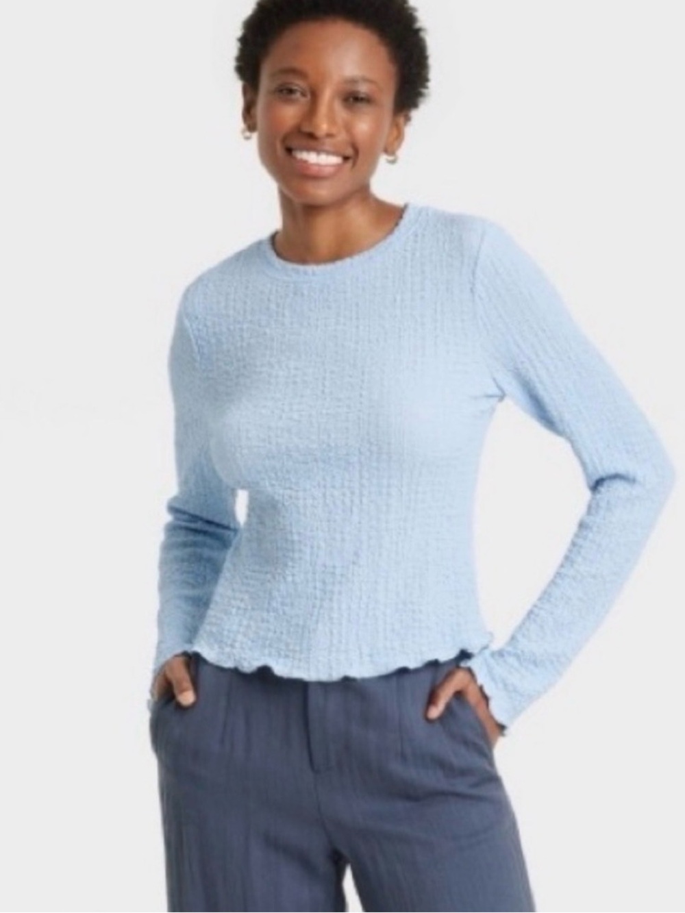 A New Day Light Blue Crinkle Textured Long Sleeve Top
